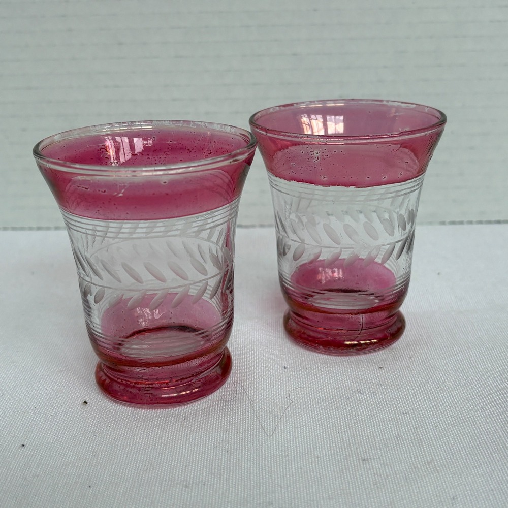 Vintage Cranberry Flashed Glass Shot Glasses Set of 2 Etched Leaf‎ Wheat Pattern